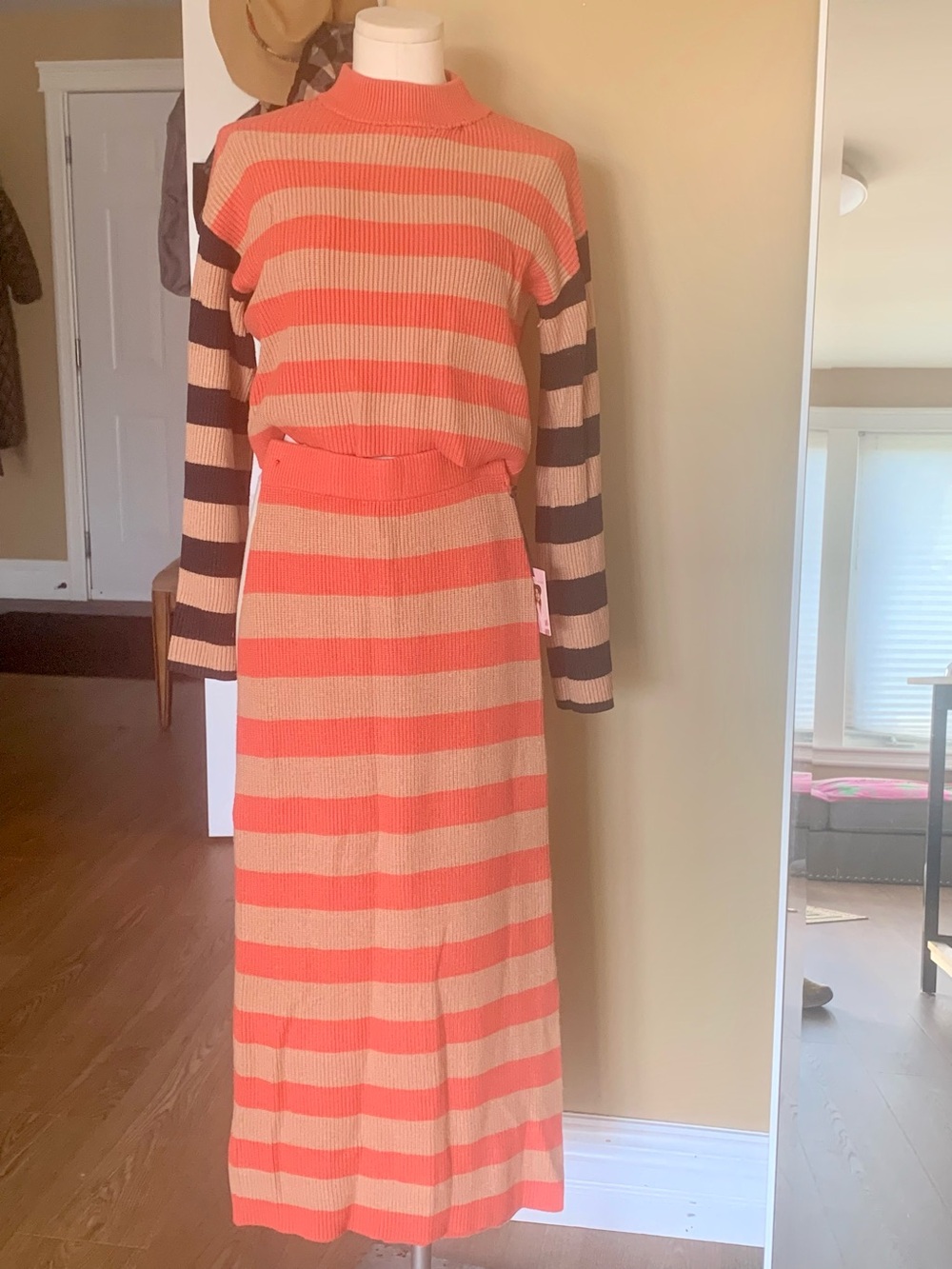 Striped Knit Maxi Dress in Coral and Beige. As is it.